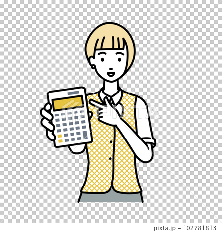 立って電卓を指差してこちらに向けて見せている事務員制服の女性 102781813