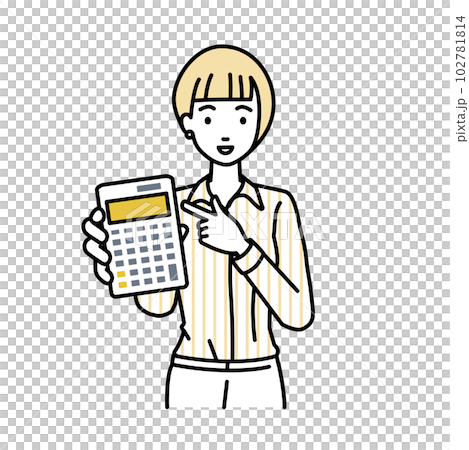 立って電卓を指差してこちらに向けて見せているオフィスカジュアルの女性 102781814