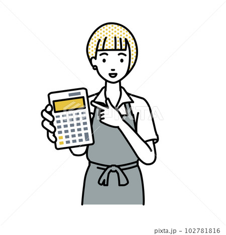 立って電卓を指差してこちらに向けて見せているエプロンをした店員の女性 立って電卓を指差してこちらに向けて見せているエプロンをした店員の女性 102781816