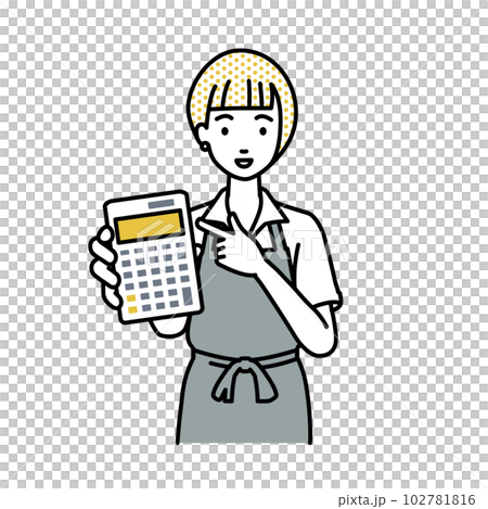 立って電卓を指差してこちらに向けて見せているエプロンをした店員の女性 立って電卓を指差してこちらに向けて見せているエプロンをした店員の女性 102781816
