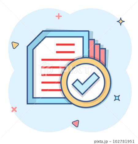 Compliance document icon in comic style. Approved process vector cartoon illustration on white isolated background. Checkmark business concept splash effect. 102781951