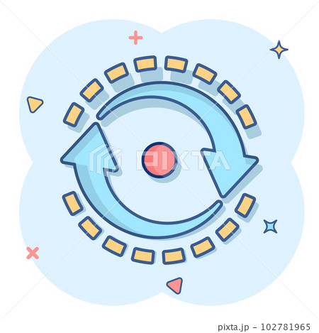 Oval with arrows icon in comic style. Consistency repeat vector cartoon illustration on white isolated background. Reload rotation business concept splash effect. Oval with arrows icon in comic style. Consistency repeat vector cartoon illustration on white isolated background. Reload rotation business concept splash effect. 102781965