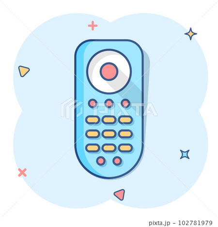 Remote control icon in comic style. Infrared controller vector cartoon illustration on white isolated background. Tv keypad business concept splash effect. Remote control icon in comic style. Infrared controller vector cartoon illustration on white isolated background. Tv keypad business concept splash effect. 102781979