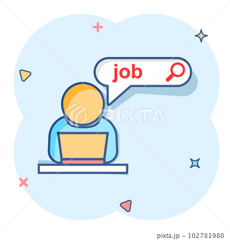 Search job vacancy icon in comic style. Laptop career vector cartoon illustration on white isolated background. Find vacancy business concept splash effect. 102781980