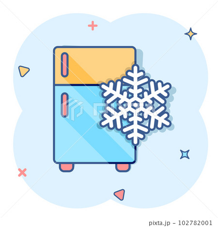 Fridge refrigerator icon in comic style. Freezer container vector cartoon illustration pictogram. Fridge business concept splash effect. 102782001