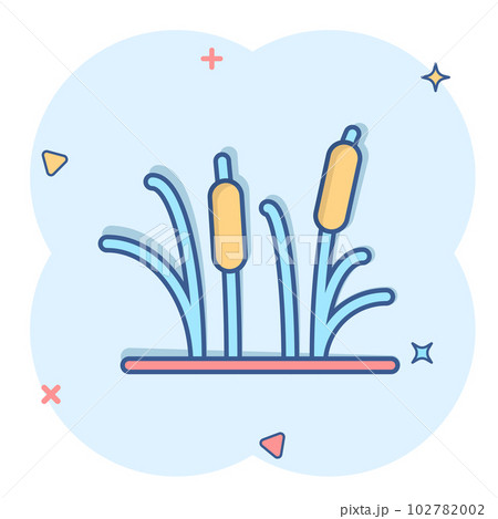Reeds grass icon in comic style. Bulrush swamp vector cartoon illustration pictogram. Reed leaf business concept splash effect. 102782002