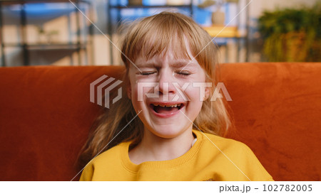 Upset punished offended child girl kid crying with tears at home, quarrel, abuse, bullying, violence 102782005