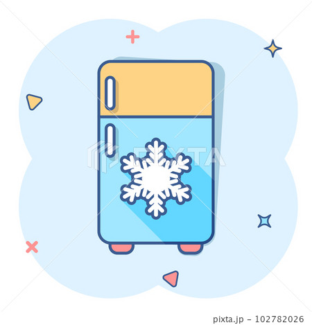 Fridge refrigerator icon in comic style. Freezer container vector cartoon illustration pictogram. Fridge business concept splash effect. 102782026
