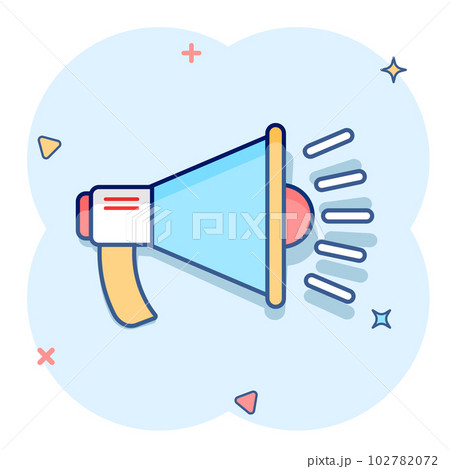 Megaphone speaker icon in comic style. Bullhorn audio announcement vector cartoon illustration pictogram. Megaphone broadcasting business concept splash effect. Megaphone speaker icon in comic style. Bullhorn audio announcement vector cartoon illustration pictogram. Megaphone broadcasting business concept splash effect. 102782072