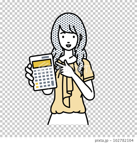 A casual office woman standing and pointing at a calculator A casual office woman standing and pointing at a calculator 102782104