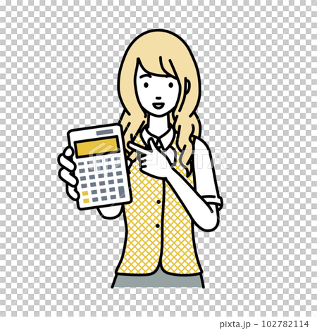A woman in a clerk uniform standing and pointing at a calculator A woman in a clerk uniform standing and pointing at a calculator 102782114