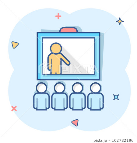 Training education icon in comic style. People seminar vector cartoon illustration pictogram. School classroom lesson business concept splash effect. 102782196