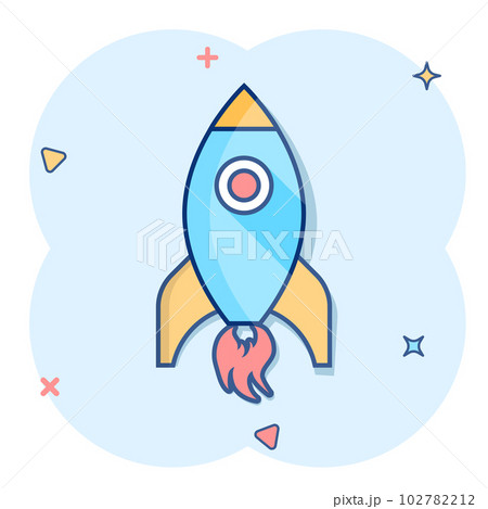 Rocket space ship icon in comic style. Spaceship vector cartoon illustration pictogram. Rocket start business concept splash effect. 102782212