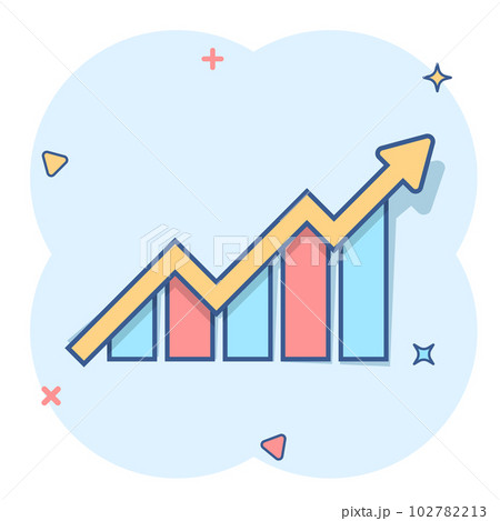 Growing bar graph icon in comic style. Increase arrow vector cartoon illustration pictogram. Infographic progress business concept splash effect. 102782213