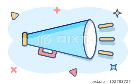 Vector cartoon megaphone icon in comic style. Bullhorn sign illustration pictogram. Megaphone business splash effect concept. 102782727