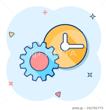 Vector cartoon clock icon in comic style. Project management sign illustration pictogram. Timer with gear business splash effect concept. Vector cartoon clock icon in comic style. Project management sign illustration pictogram. Timer with gear business splash effect concept. 102782773