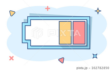 Vector cartoon battery charge level indicator sign icon in comic style. Battery sign illustration pictogram. Accumulator business splash effect concept. Vector cartoon battery charge level indicator sign icon in comic style. Battery sign illustration pictogram. Accumulator business splash effect concept. 102782850