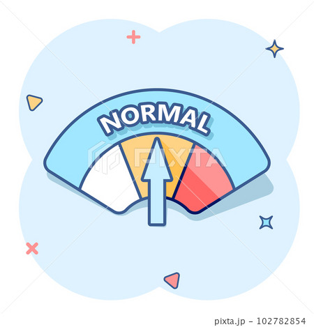 Cartoon colored normal level icon in comic style. Speedometer, tachometer illustration pictogram. Normal level sign splash business concept. Cartoon colored normal level icon in comic style. Speedometer, tachometer illustration pictogram. Normal level sign splash business concept. 102782854