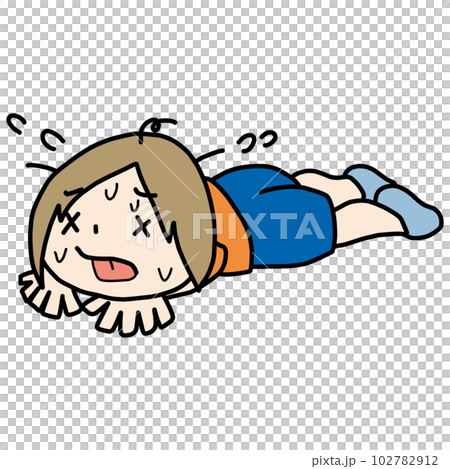汗をかいて倒れている人物のデフォルメイラスト 102782912