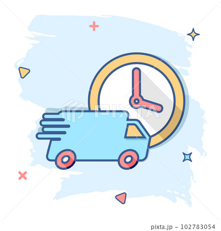 Vector cartoon delivery truck 24h icon in comic style. 24 hours fast delivery service shipping sign illustration pictogram. Car van business splash effect concept. 102783054