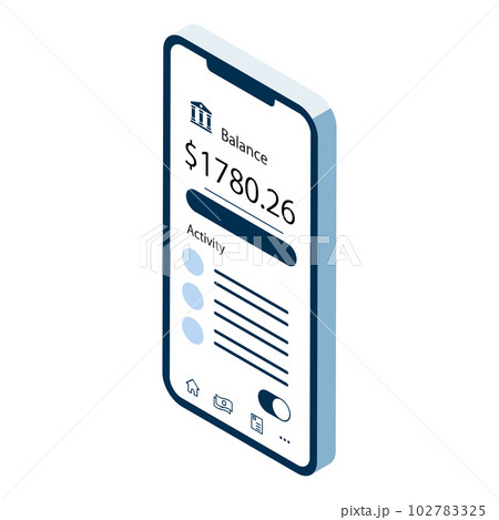 スマートフォン　銀行アプリ　ダッシュボード　アイソメトリック 102783325