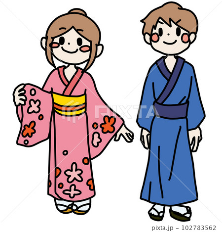 浴衣を着た笑顔の男女のカラーイラスト 102783562