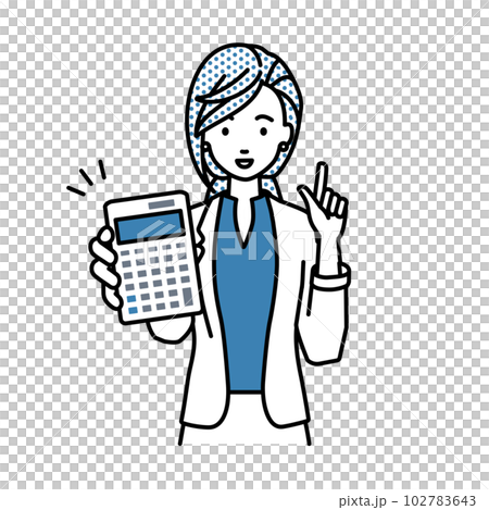 立って電卓を持ってこちらに向けて見せているジャケットの女性 102783643