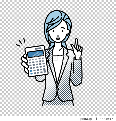 立って電卓を持ってこちらに向けて見せているスーツの女性 102783647