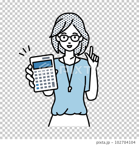 立って電卓を持ってこちらに向けて見せている教師の女性 102784104
