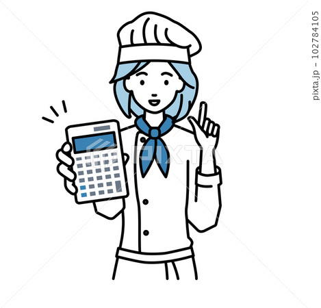 立って電卓を持ってこちらに向けて見せている調理師の女性 102784105