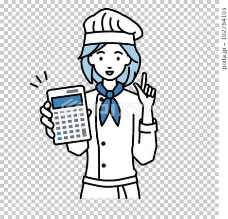 立って電卓を持ってこちらに向けて見せている調理師の女性 102784105