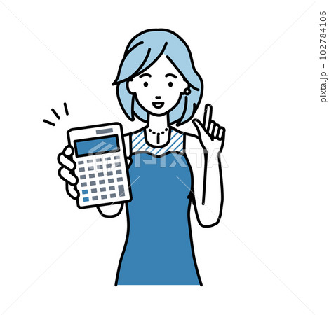 立って電卓を持ってこちらに向けて見せているドレスの女性 102784106