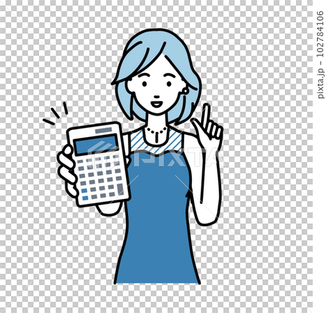 立って電卓を持ってこちらに向けて見せているドレスの女性 102784106