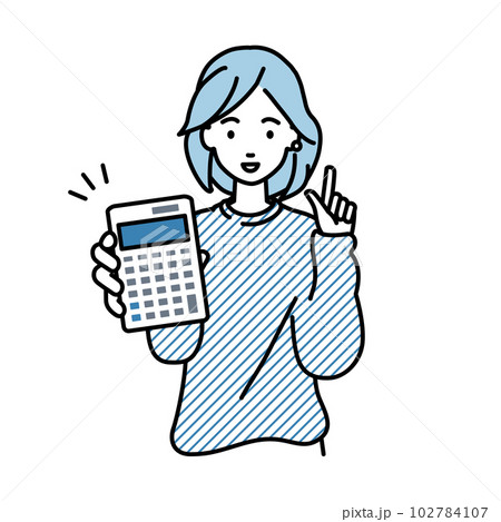 立って電卓を持ってこちらに向けて見せているスウェットの女性 102784107