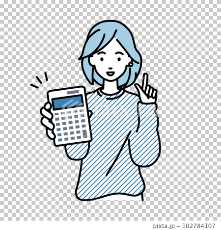 立って電卓を持ってこちらに向けて見せているスウェットの女性 102784107