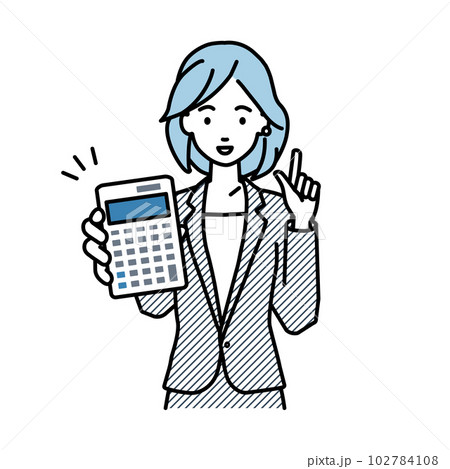 立って電卓を持ってこちらに向けて見せているスーツの女性 102784108