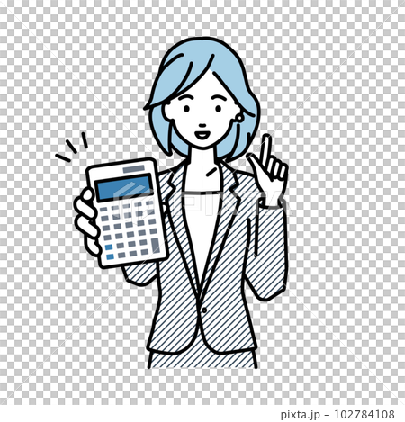 立って電卓を持ってこちらに向けて見せているスーツの女性 102784108