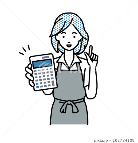立って電卓を持ってこちらに向けて見せているエプロンをした店員の女性 102784109