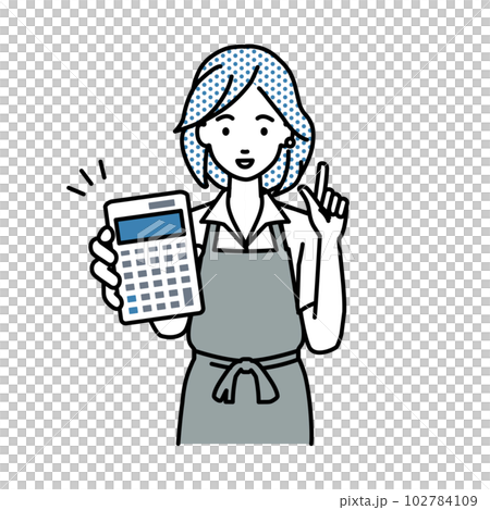 立って電卓を持ってこちらに向けて見せているエプロンをした店員の女性 102784109