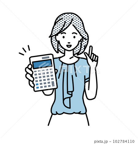 立って電卓を持ってこちらに向けて見せているオフィスカジュアルの女性 102784110
