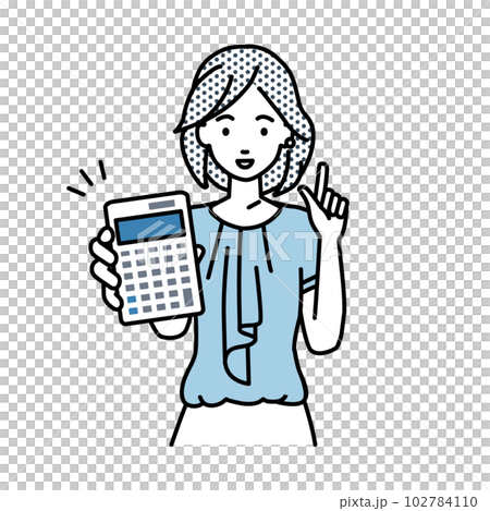 立って電卓を持ってこちらに向けて見せているオフィスカジュアルの女性 102784110