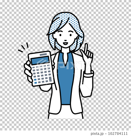 一個穿夾克的女人站著拿著計算器給我們看 102784111