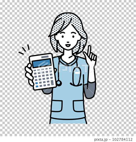 一位女護士站著拿著計算器給我們看 一位女護士站著拿著計算器給我們看 102784112