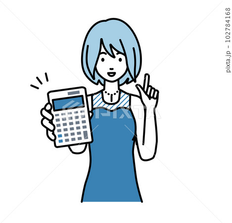 立って電卓を持ってこちらに向けて見せているドレスの女性 102784168