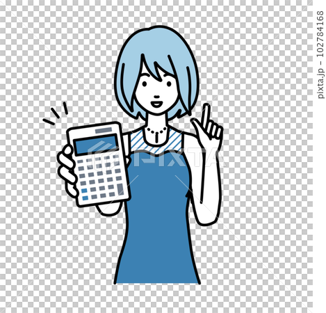 立って電卓を持ってこちらに向けて見せているドレスの女性 102784168
