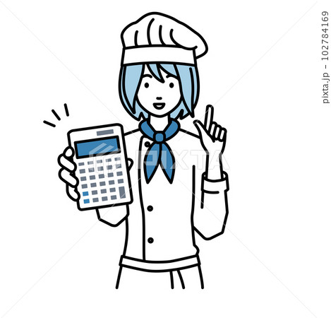 立って電卓を持ってこちらに向けて見せている調理師の女性 102784169