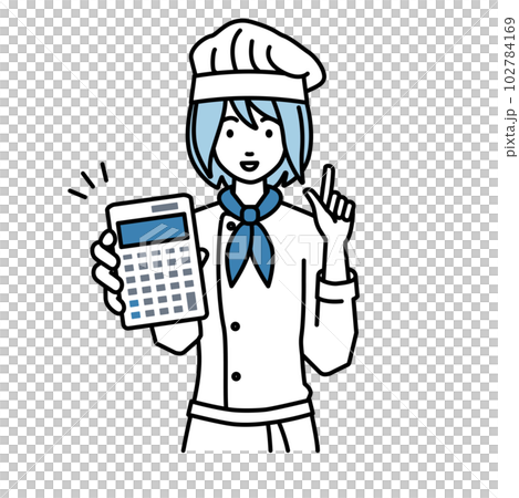 立って電卓を持ってこちらに向けて見せている調理師の女性 102784169