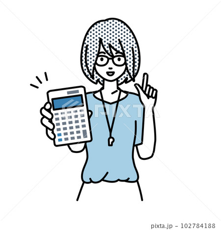 立って電卓を持ってこちらに向けて見せている教師の女性 102784188