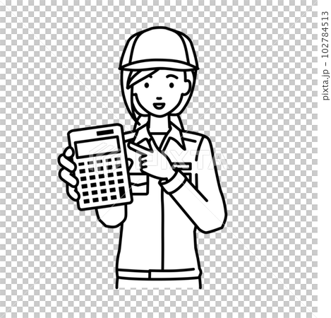 立って電卓を指差してこちらに向けて見せている作業員の女性 立って電卓を指差してこちらに向けて見せている作業員の女性 102784513