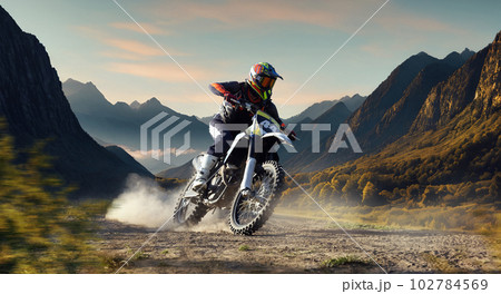 Man, professional motorcyclist in full moto equipment riding crops enduro bike on mountain road at sunset. 3D render background Man, professional motorcyclist in full moto equipment riding crops enduro bike on mountain road at sunset. 3D render background 102784569